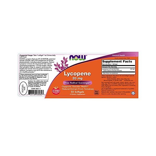 NOW Foods Lycopene, 20mg - 50 softgels Lycopène