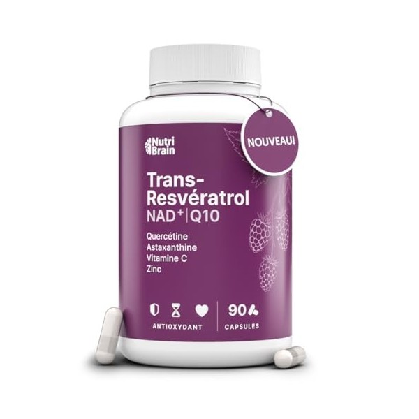 Trans-Resvératrol 98%, NAD⁺, Coenzyme Q10, Quercétine, Astaxanthine, Vitamine C & Zinc | Antioxydant Puissant, Anti-Âge & Imm