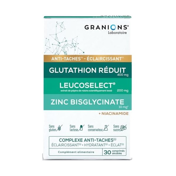GRANIONS - COMPLEXE ANTI TACHE VISAGE – Glutathion, Vitamine C, Zinc bisglycinate, Selenium, Niacinamide - Éclat, Uniformité 