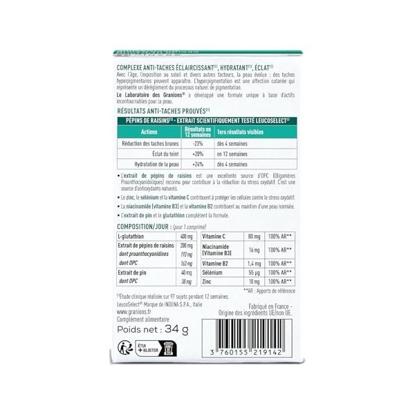 GRANIONS - COMPLEXE ANTI TACHE VISAGE – Glutathion, Vitamine C, Zinc bisglycinate, Selenium, Niacinamide - Éclat, Uniformité 