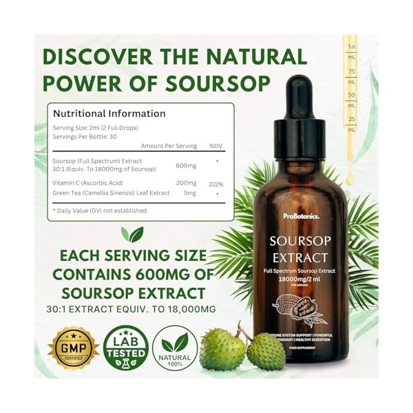 Gouttes de corossol bio pour le soutien cellulaire et la régénération | Haute résistance 600 mg par portion extrait 30:1 équ