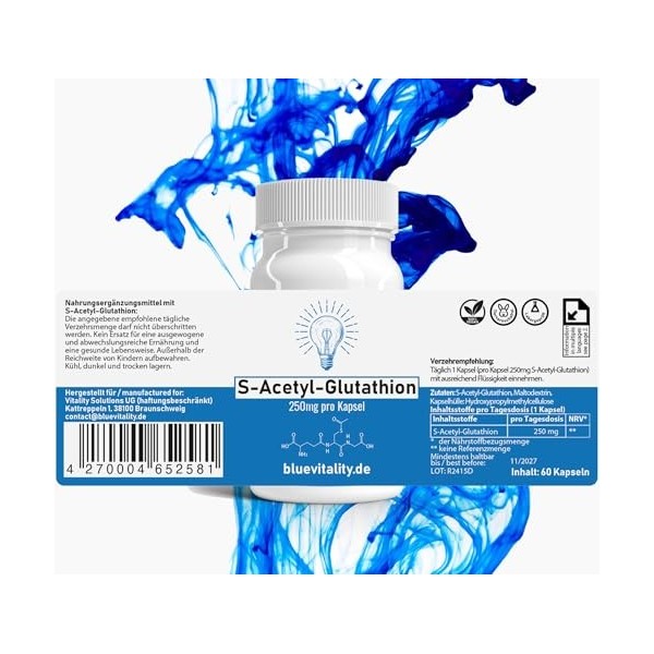 BlueVitality | S-Acétyl Glutathion | 250 mg par gélule | 60 gélules | hautement dosé & stabilisé | Haute biodisponibilité | v
