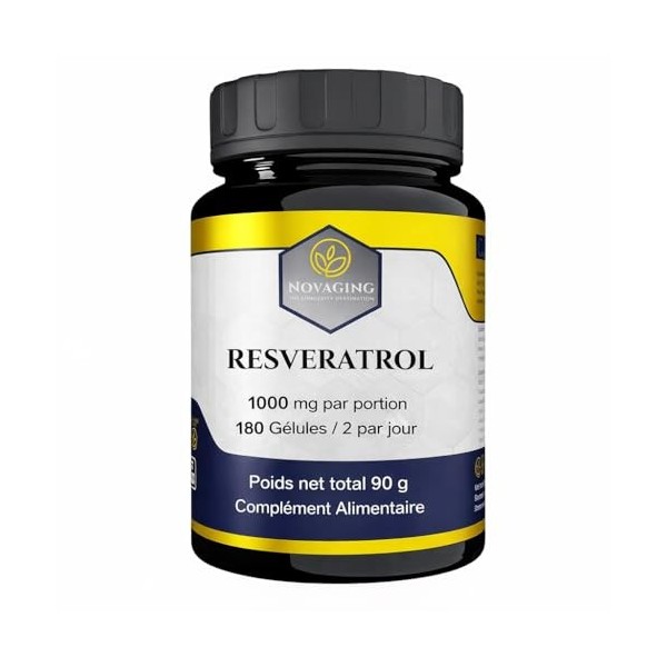 NovAging Resveratrol Pur 98% - Anti-Age - Antioxydant - 180 Gélules - 3 mois - 100% Vegan - Fortement dosé - Testé Sans addit
