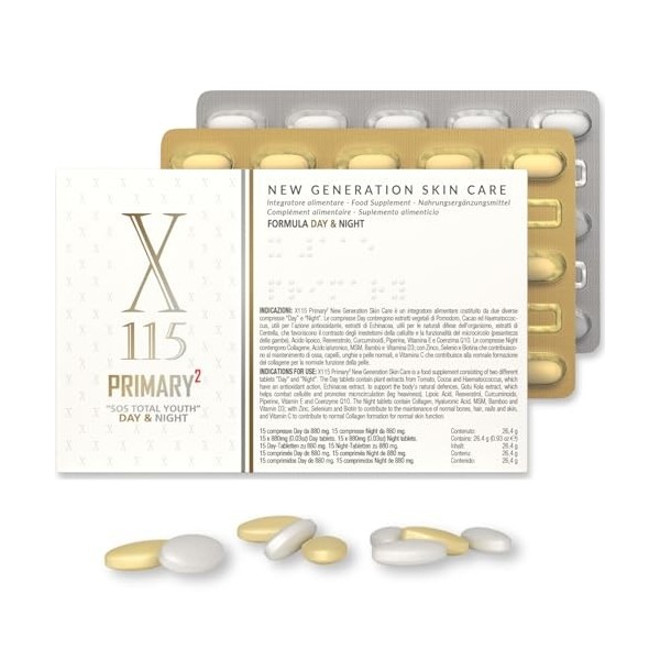 X115® Primary | Complément Pour la Peau | Anti-âge | Hyaluronic acid | MSM | Collagène | Curcumine | Piperine | Echinacea | R