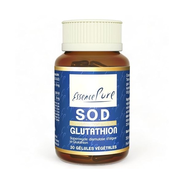 SOD Glutathion Essence Pure - Superoxyde Dismutase DAlgues et Glutathion - Antioxydant Aux Extraits Brevetés - 30 gélules Vé