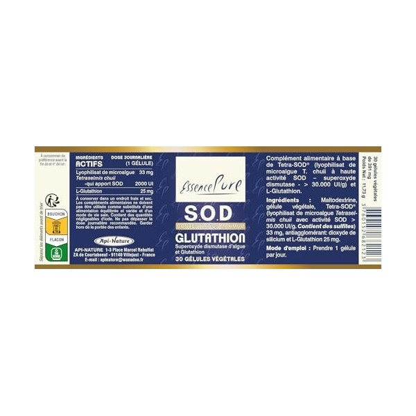 SOD Glutathion Essence Pure - Superoxyde Dismutase DAlgues et Glutathion - Antioxydant Aux Extraits Brevetés - 30 gélules Vé