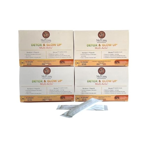 Mel’Uniq Détox & Glow Up – Complément Alimentaire Éclat du Teint – Cure 2 Mois 4x15 Sticks – Bardane, Pissenlit & SkinAx²™ 