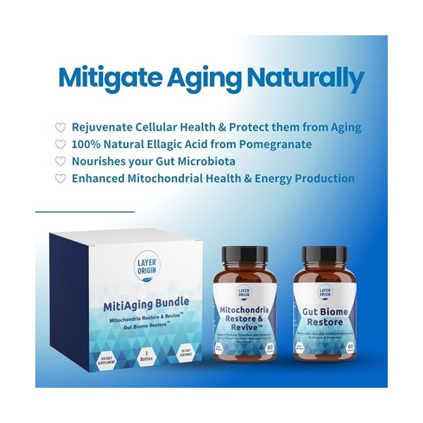 Layer Origin MitiAging Lot de 2 bouteilles anti-âge : Gut Biome Restore et Mitochondria Revive - Stimule la santé cellulaire 