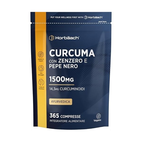 Curcuma Gingembre Poivre Noir 1500mg | 365 Comprimés Végans | Complexe de Curcuma avec Pipérine | Horbaach