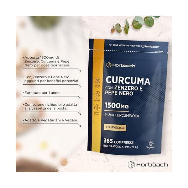 Curcuma Gingembre Poivre Noir 1500mg | 365 Comprimés Végans | Complexe de Curcuma avec Pipérine | Horbaach