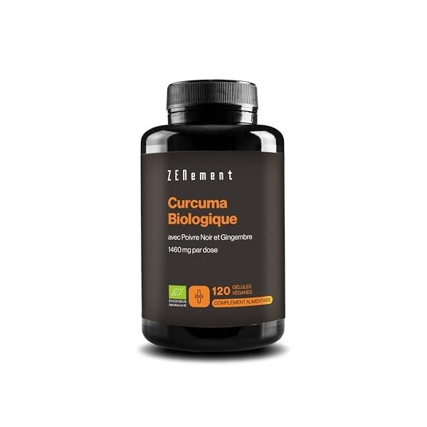 Curcuma Écologique - 1460mg par Portion 2 Gélules avec Gingembre et Poivre Noir - 100% Écologique et Végan, Formule Synergi