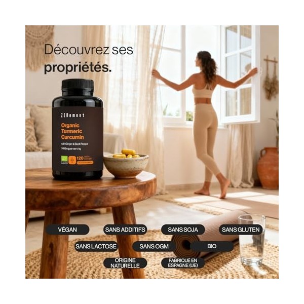 Curcuma Écologique - 1460mg par Portion 2 Gélules avec Gingembre et Poivre Noir - 100% Écologique et Végan, Formule Synergi