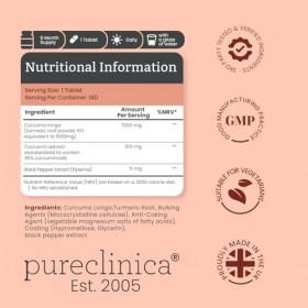 Curcumine de Curcuma - 1000mg x 1080 comprimés 6 bouteilles – Contient 95% de Curcumine – Poudre de racine de Curcuma conte
