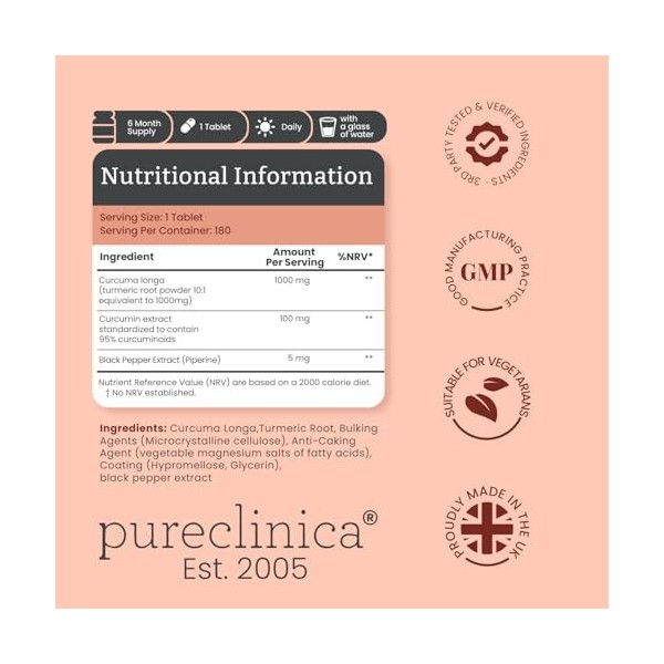 Curcumine de Curcuma - 1000mg x 1080 comprimés 6 bouteilles – Contient 95% de Curcumine – Poudre de racine de Curcuma conte