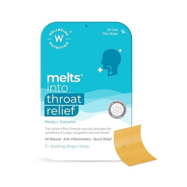 « Wellbeing Nutrition Melts Throat Relief – 30 bâtonnets de fusion – Miel + Curcuma – Soulage les maux de gorge et les rhumes