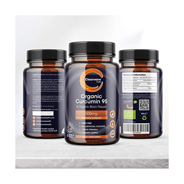 Curcumine biologique 95 au poivre noir - contenant UNIQUEMENT de la curcumine biologique le composant actif du curcuma - 50