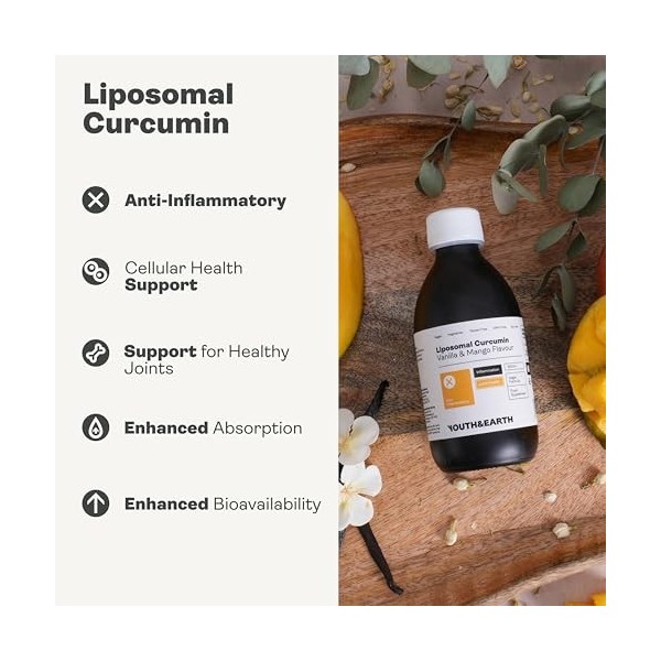 Supplément de curcumine liposomale, 200 mg par portion, flacon de 250 ml, aromatisé à la vanille et à la mangue, sans gluten