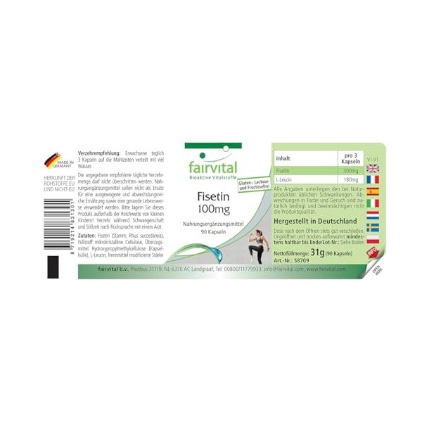 Fairvital | Fisetin 100mg - 90 gélules - de larbre de cire japonais - qualité contrôlée et hautement dosée - 100% végétalien