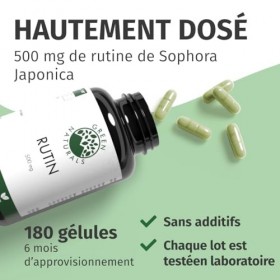 Rutine - Haute Dose: 500mg - Réserve pour 6 mois 180 gélules - Fabrication allemande - 100% Végétalien & Sans Additif - Gre