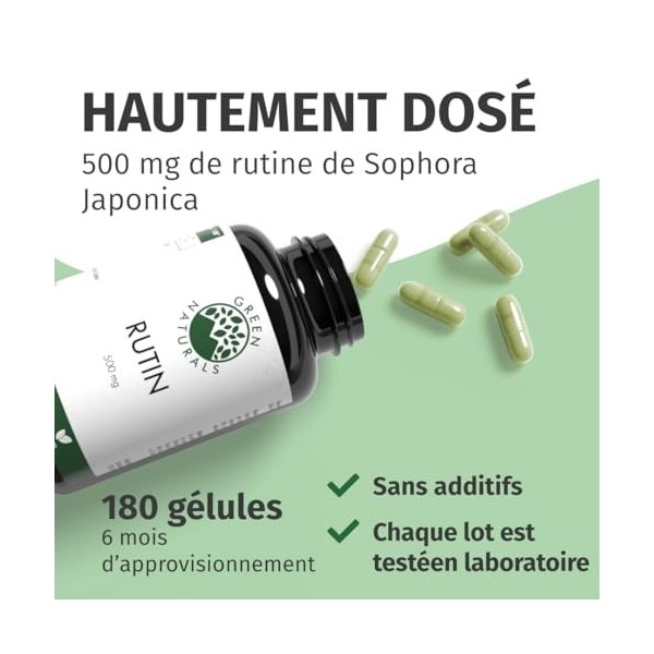 Rutine - Haute Dose: 500mg - Réserve pour 6 mois 180 gélules - Fabrication allemande - 100% Végétalien & Sans Additif - Gre