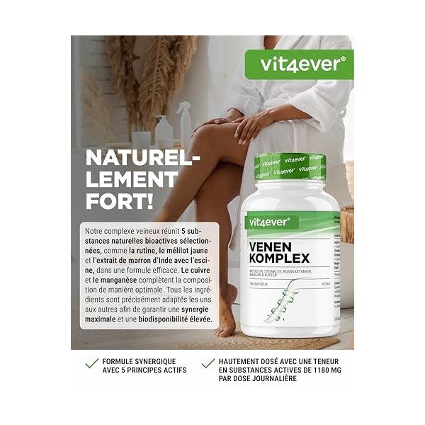 Complexe Veineux - 180 capsules - 3 mois dapprovisionnement - Hautement dosé en rutine, mélilot, extrait de marron dInde, m