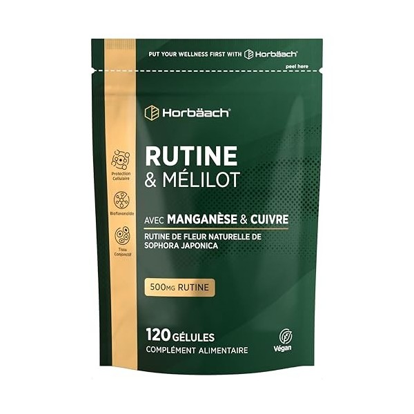 Rutine 500mg | avec Manganèse et Cuivre | Rutine et Mélilot | 120 Gélules Véganes | Haute Dosage | Horbaach