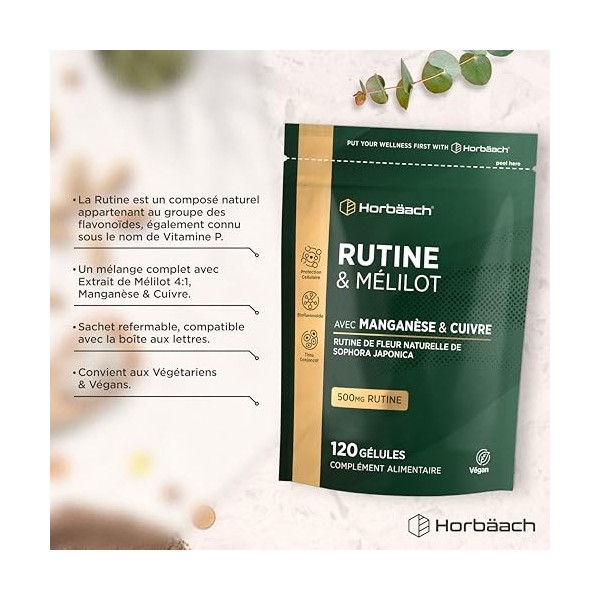 Rutine 500mg | avec Manganèse et Cuivre | Rutine et Mélilot | 120 Gélules Véganes | Haute Dosage | Horbaach