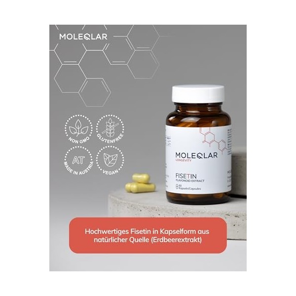 MoleQlar Fisetin 100 mg Capsules, Boîte de 60, Complément Alimentaire avec 200 mg issu d’Extrait de Fraise par Portion, Gélul