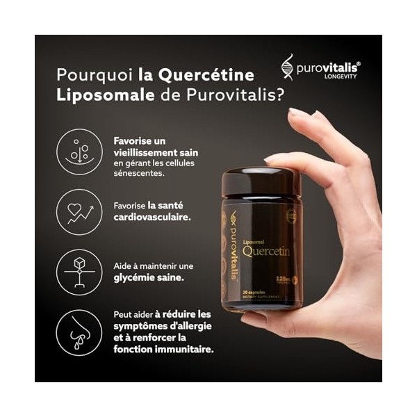 PUROVITALIS Quercétine liposomale 125 mg, 30 portions 30 gélules végétaliennes , anti-âge de haute pureté, supplément antiox