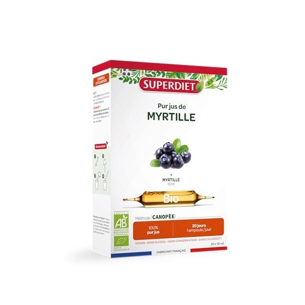 SUPERDIET – MYRTILLE BIO – 100% pur jus – Fabrication française – 20 ampoules de 10 ml