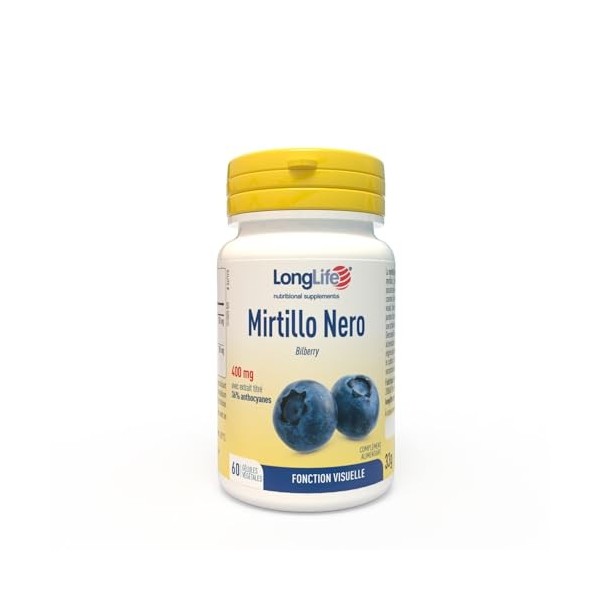LongLife® Mirtillo Nero | Extrait standardisé à 36 % en anthocyanosides Mirtoselect® | Minimum 800 mg | Bien-être visuel et