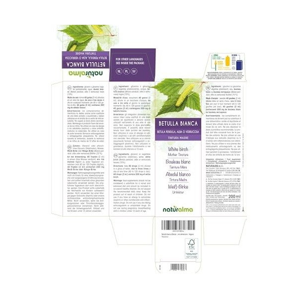 Bouleau blanc ou Bouleau verruqueux Betula pendula, alba ou verrucosa feuilles Teinture Mère sans alcool Naturalma - Extrai M...