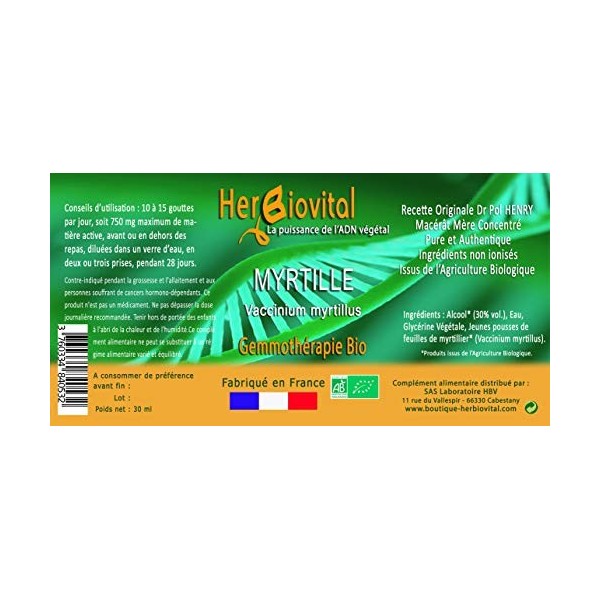 Herbiovital - Myrtille Bio - Le Macérât des yeux - Gemmothérapie Concentrée - 30 ml - Améliore la vision en cas de fatigue oc