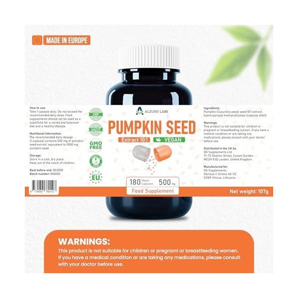 Graines de citrouille 5 000 mg équivalent 500 mg dextrait 10:1 180 capsules végétaliennes | Testé en laboratoire | Hauteme