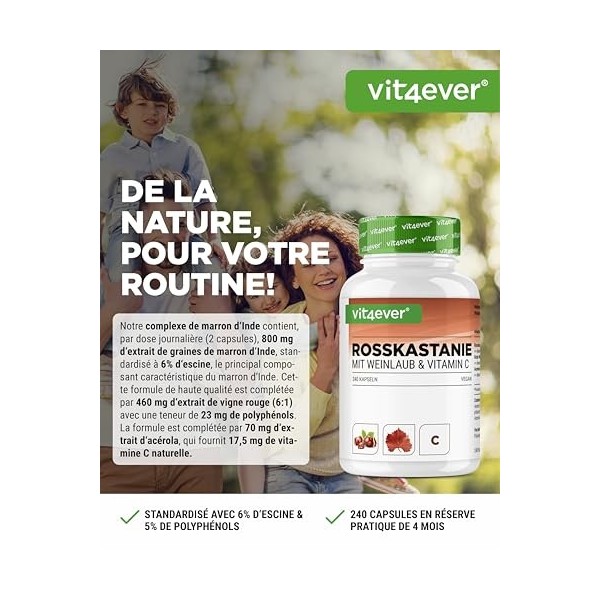 Extrait de marron dInde - 240 gélules - Hautement dosé avec 1330 mg dextrait par portion journalière - Marron dInde avec f