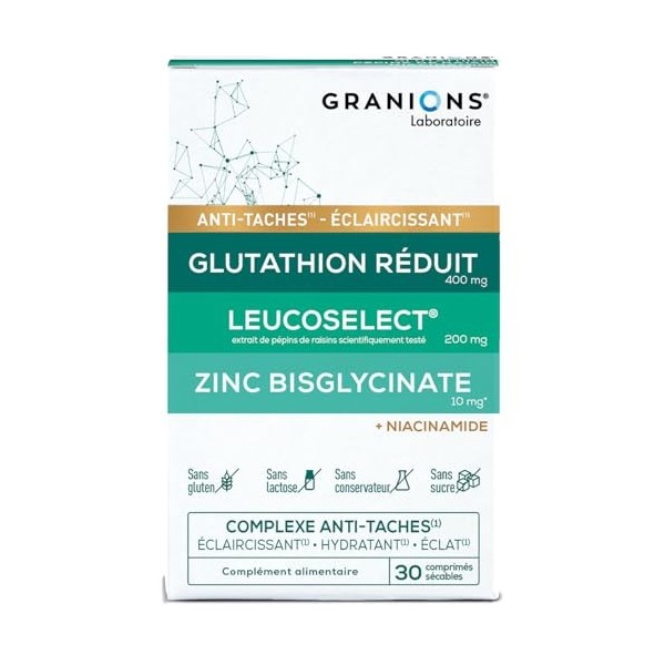 GRANIONS - COMPLEXE ANTI TACHE VISAGE – Glutathion, Vitamine C, Zinc bisglycinate, Selenium, Niacinamide - Éclat, Uniformité 