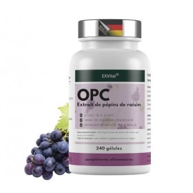 EXVital® OPC Extrait de pépins de raisin, 240 gélules, hautement dosé avec 500 mg par gélule, issu de raisins français, testé