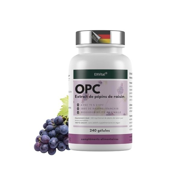 EXVital® OPC Extrait de pépins de raisin, 240 gélules, hautement dosé avec 500 mg par gélule, issu de raisins français, testé