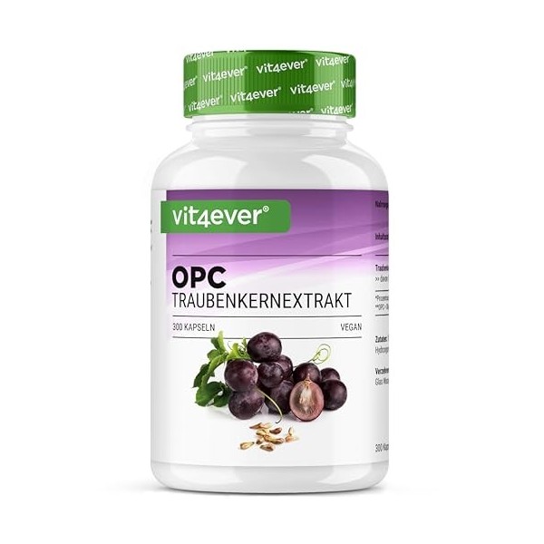 vit4ever OPC extrait de pépins de raisin – 300 gélules – 1000 mg d’extrait avec 700 mg d’OPC – Teneur la plus élevée selon HP