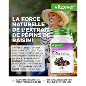 vit4ever OPC extrait de pépins de raisin – 300 gélules – 1000 mg d’extrait avec 700 mg d’OPC – Teneur la plus élevée selon HP