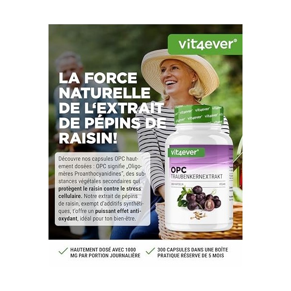vit4ever OPC extrait de pépins de raisin – 300 gélules – 1000 mg d’extrait avec 700 mg d’OPC – Teneur la plus élevée selon HP