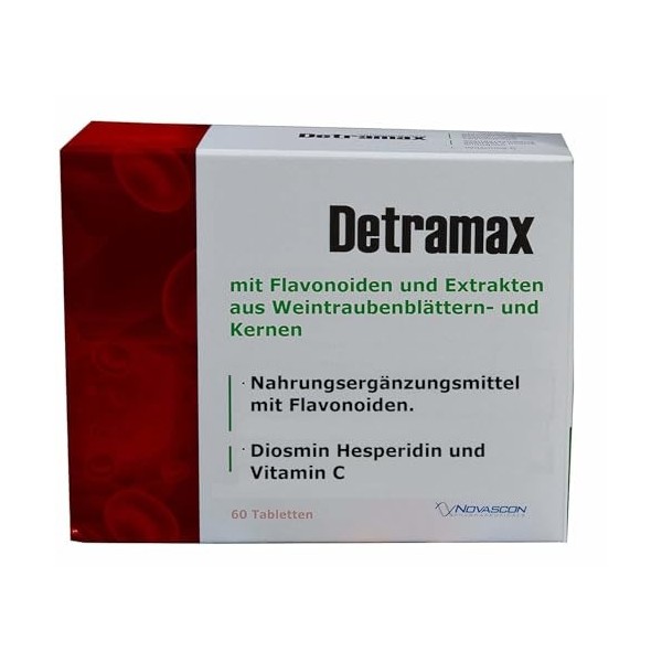 Detramax 60 comprimés veineux, même pour les hémorroïdes, 3 extraits : flavonoïdes Diosmin 220 mg, Hespéridine 20 mg , feuil