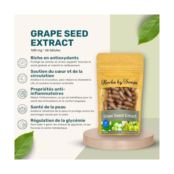 Extrait de pépins de raisin 500 mg – 60 capsules | 95% proanthocyanidines | Antioxydant naturel puissant pour soutenir la san