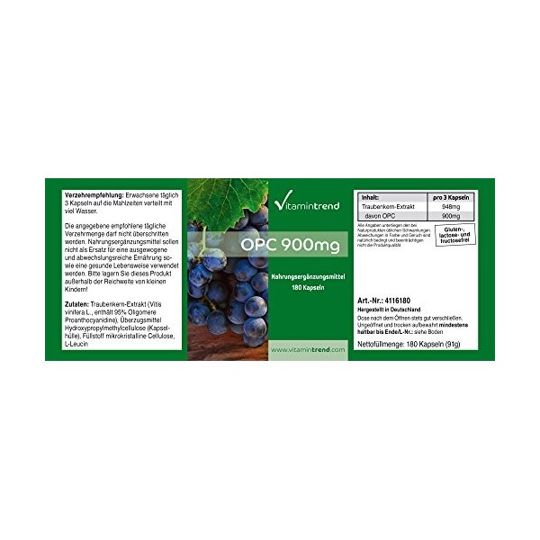 OPC 900 mg - Boite de 180 gélules - Extrait de Pépins de Raisin de haute qualité contenant 95% d’OPC – Gélules anti-âge | Vit