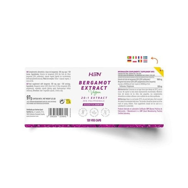 HSN Extrait de Bergamote 1500 mg 35% Polyphénols par Portion Quotidienne | 120 Gélules Végétales | Extrait 20:1 | 30000 mg