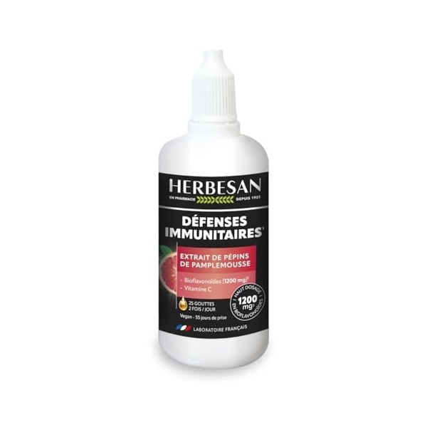 HERBESAN® - EXTRAIT DE PÉPINS DE PAMPLEMOUSSE - Titré en flavonoïdes à 1200 mg - Défenses immunitaires - Flacon compte-goutte