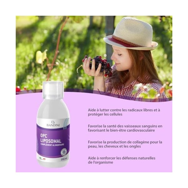 Bandini® OPC Liposomal Liquide 250ml - Extrait de pépins de raisin 95% OPC 200mg par dose - Absorption optimale avec techno