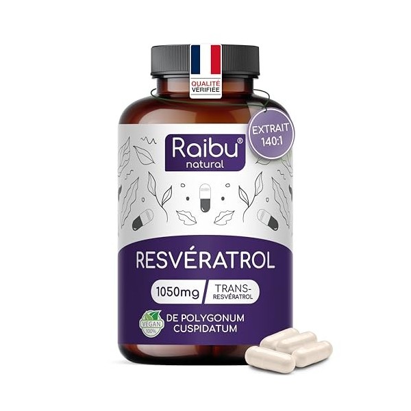 Resvératrol, 1050 mg de Trans Resveratrol Pur 98% par dose quotidienne - Antioxydant Puissant - Extrait 140:1, 60 Gélules -