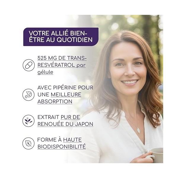 Resvératrol, 1050 mg de Trans Resveratrol Pur 98% par dose quotidienne - Antioxydant Puissant - Extrait 140:1, 60 Gélules -