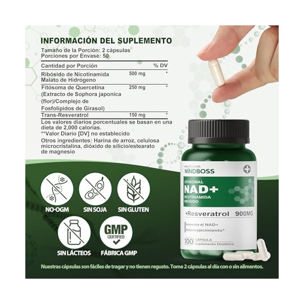 Windboss NAD+ Liposomal NR 900mg : Formule avec quercétine et resvératrol, développée comme partie de votre routine quotidien